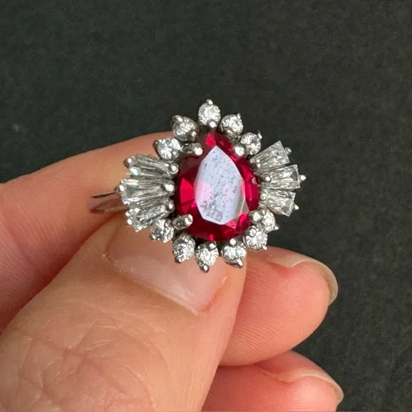 Vintage Faux Ruby Cocktail Ring Sterling Silver Cubic Zirconia Halo Cluster 8